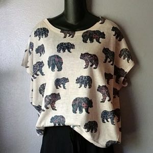 Apricot short sleeve, flower bears print blouse.